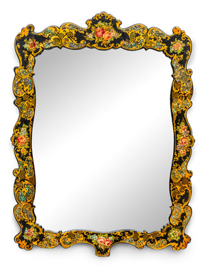 A decorative lacquer, decoupage and mother of pearl inlay wall mirror, French 19th Century