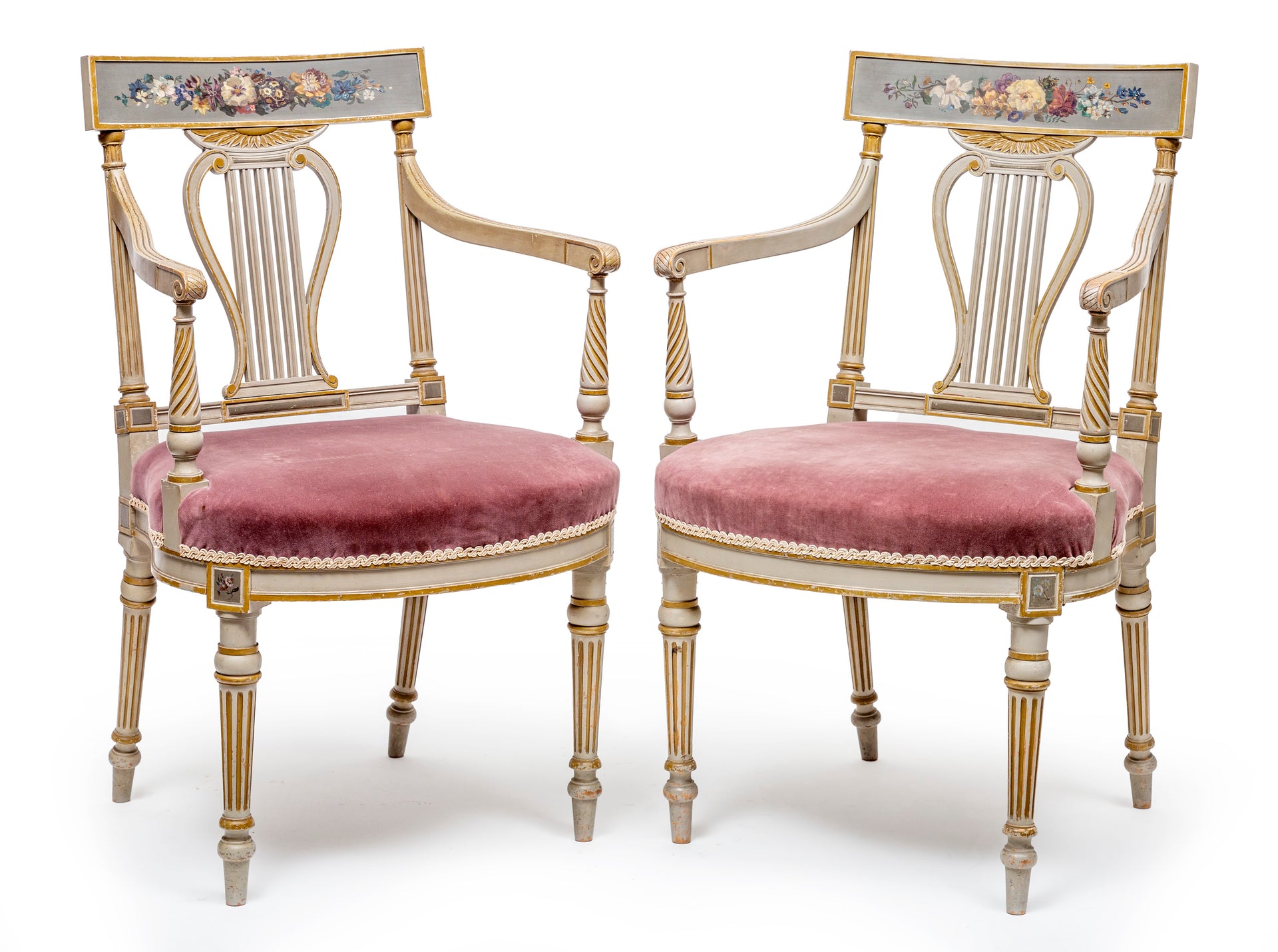 A very pretty pair of lyre back armchairs with floral motifs, French Circa 1900