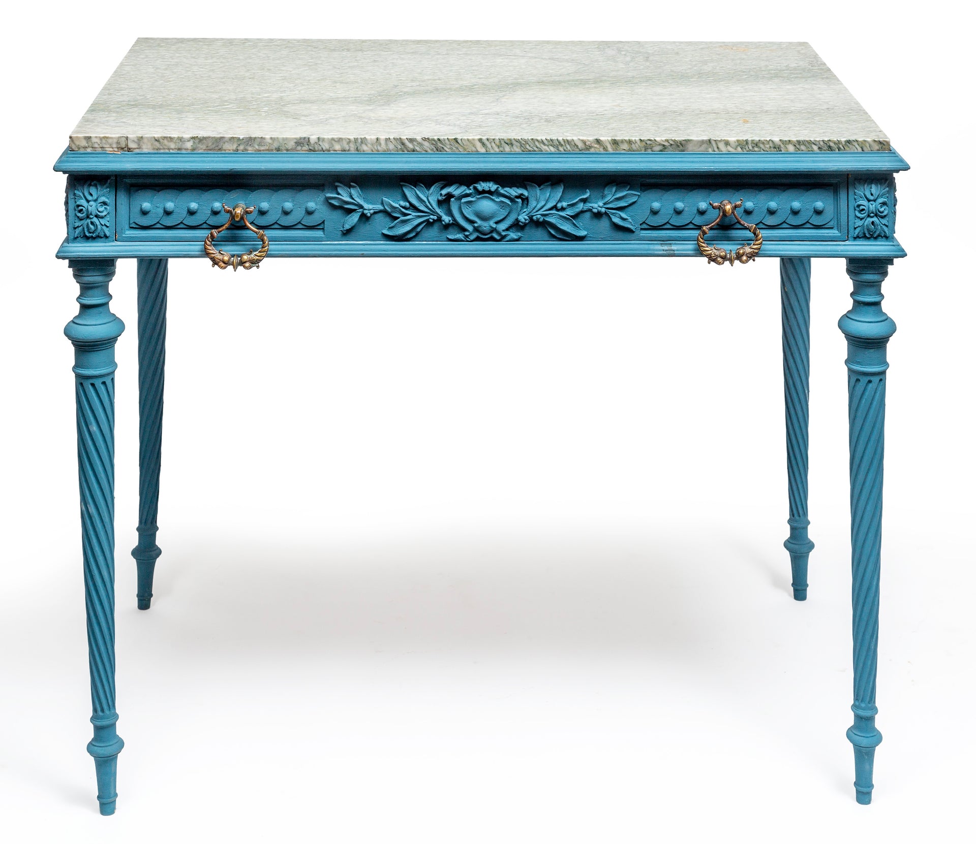 A stylish turquoise painted table with green flecked marble top, French 19th Century