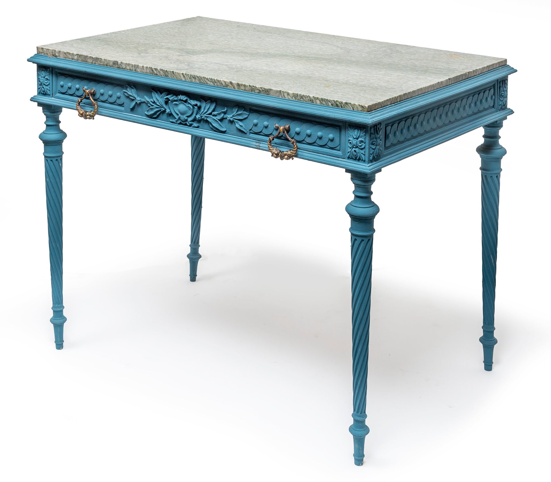 A stylish turquoise painted table with green flecked marble top, French 19th Century