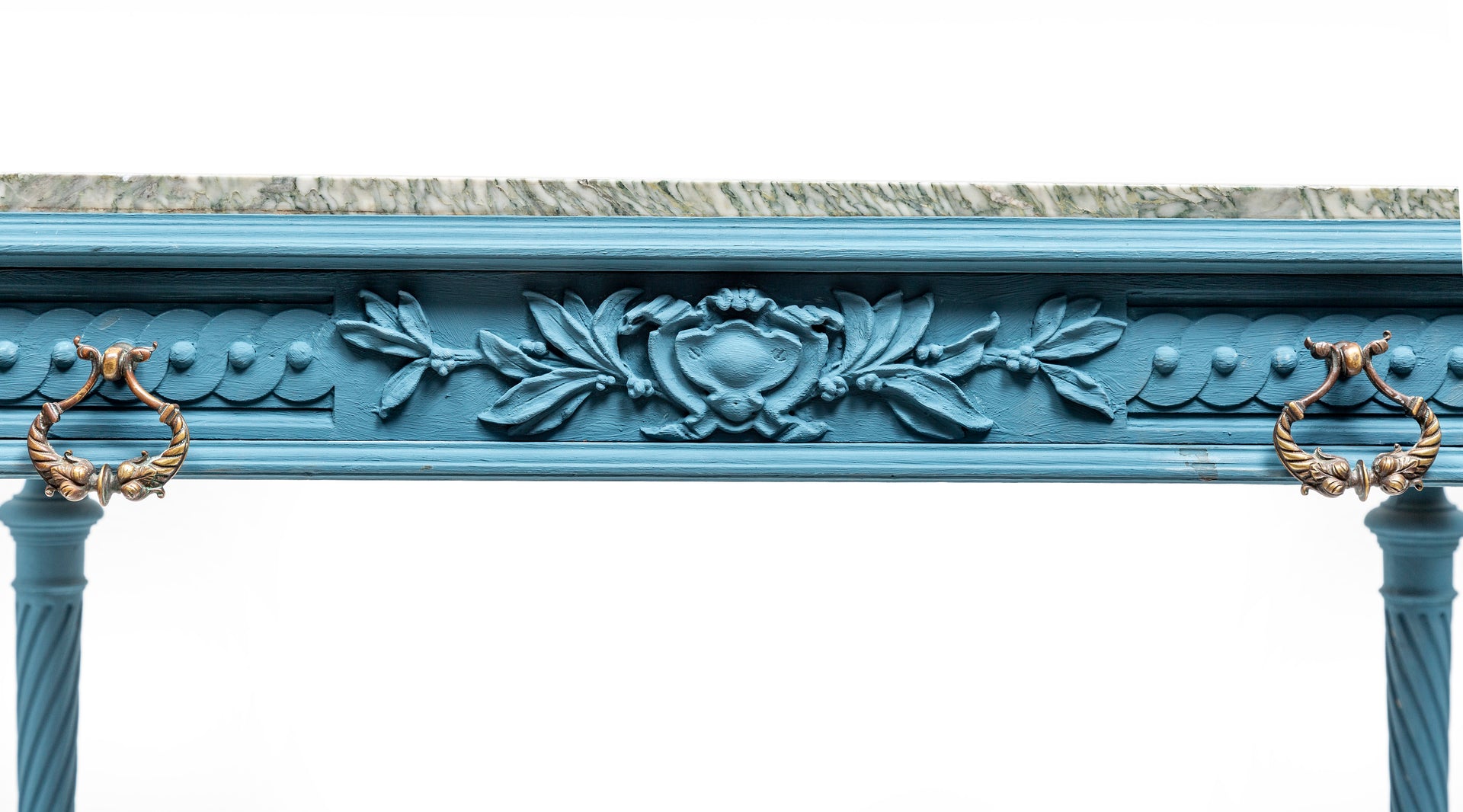 A stylish turquoise painted table with green flecked marble top, French 19th Century