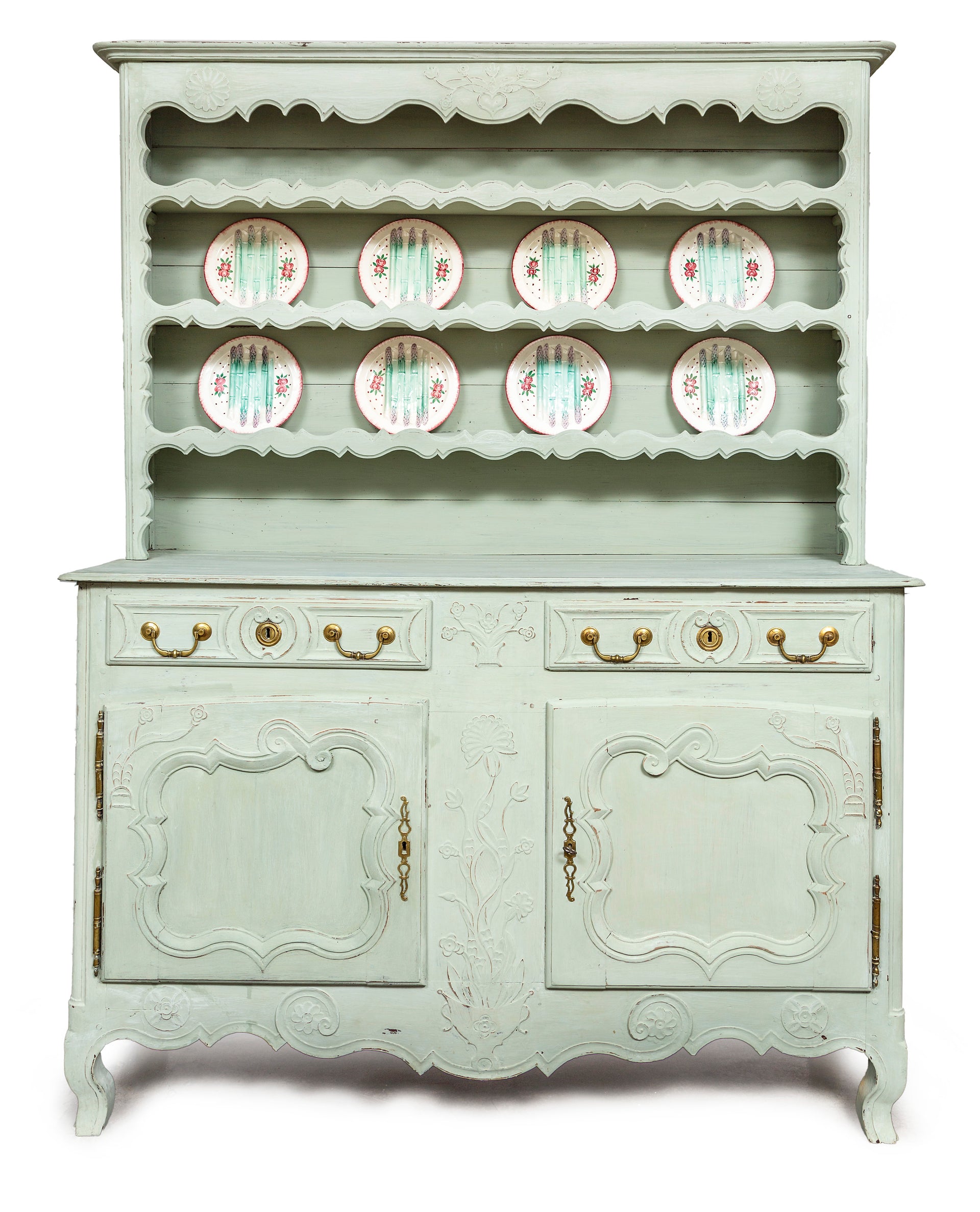 A decorative sage green painted oak Provincial kitchen dresser, French 18th Century