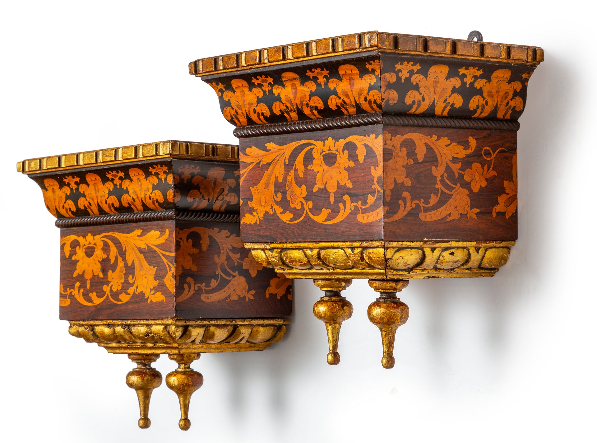 An exotic pair of marquetry and giltwood wall sconces, French 19th Century