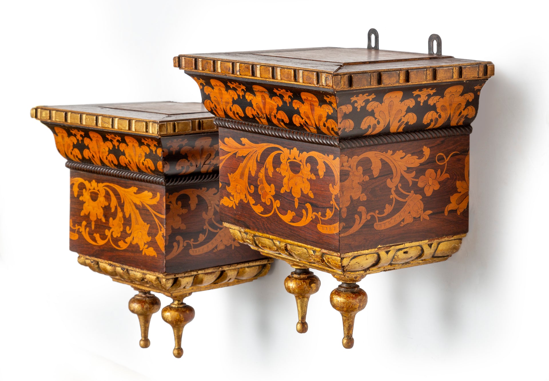 An exotic pair of marquetry and giltwood wall sconces, French 19th Century