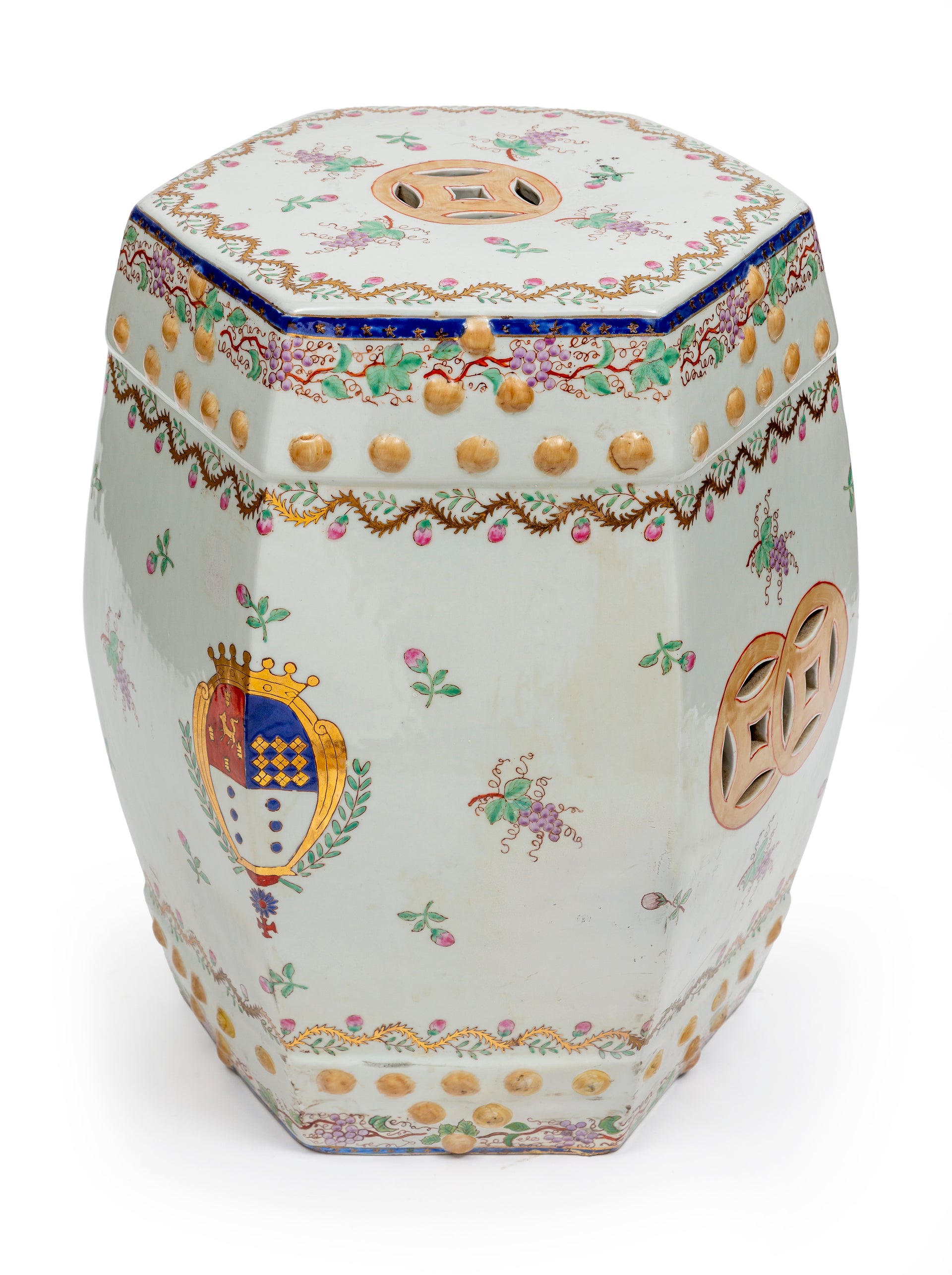 A large hexagonal Chinese Armorial porcelain stool