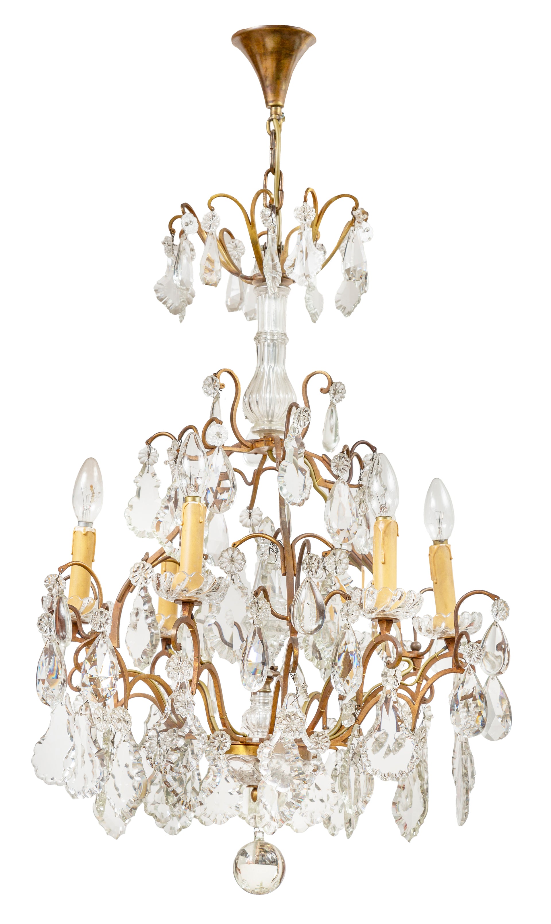 A pretty gilt metal and crystal six-branch Parisian Chandelier, French Circa 1900