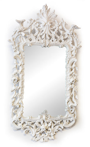 A magnificent white -gesso painted and decoratively carved Ho Ho Bird Mirror, Italian Circa 1900