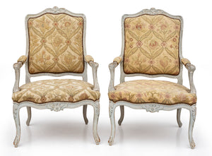 A pair of pale grey painted Louis XV style fauteuils, French 19th Century