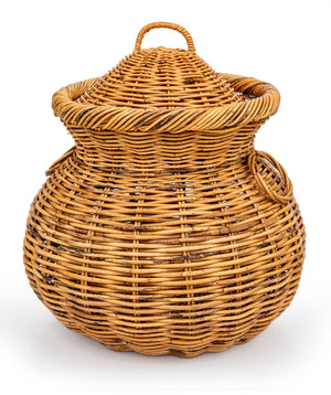 SOLD A stylish pagoda design natural wicker basket with lid, French Circa 1950