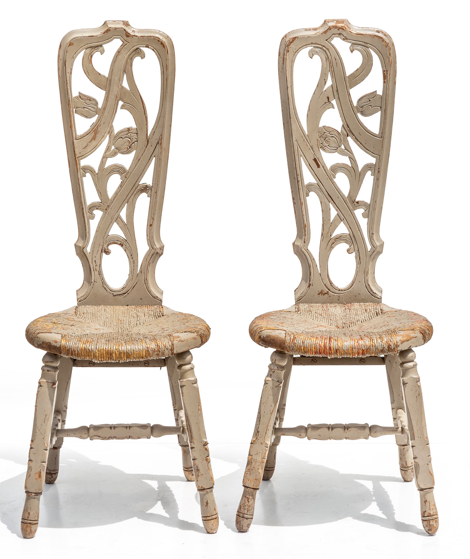 A decorative pair of pale grey painted Art Nouveau design chairs, French Circa 1905