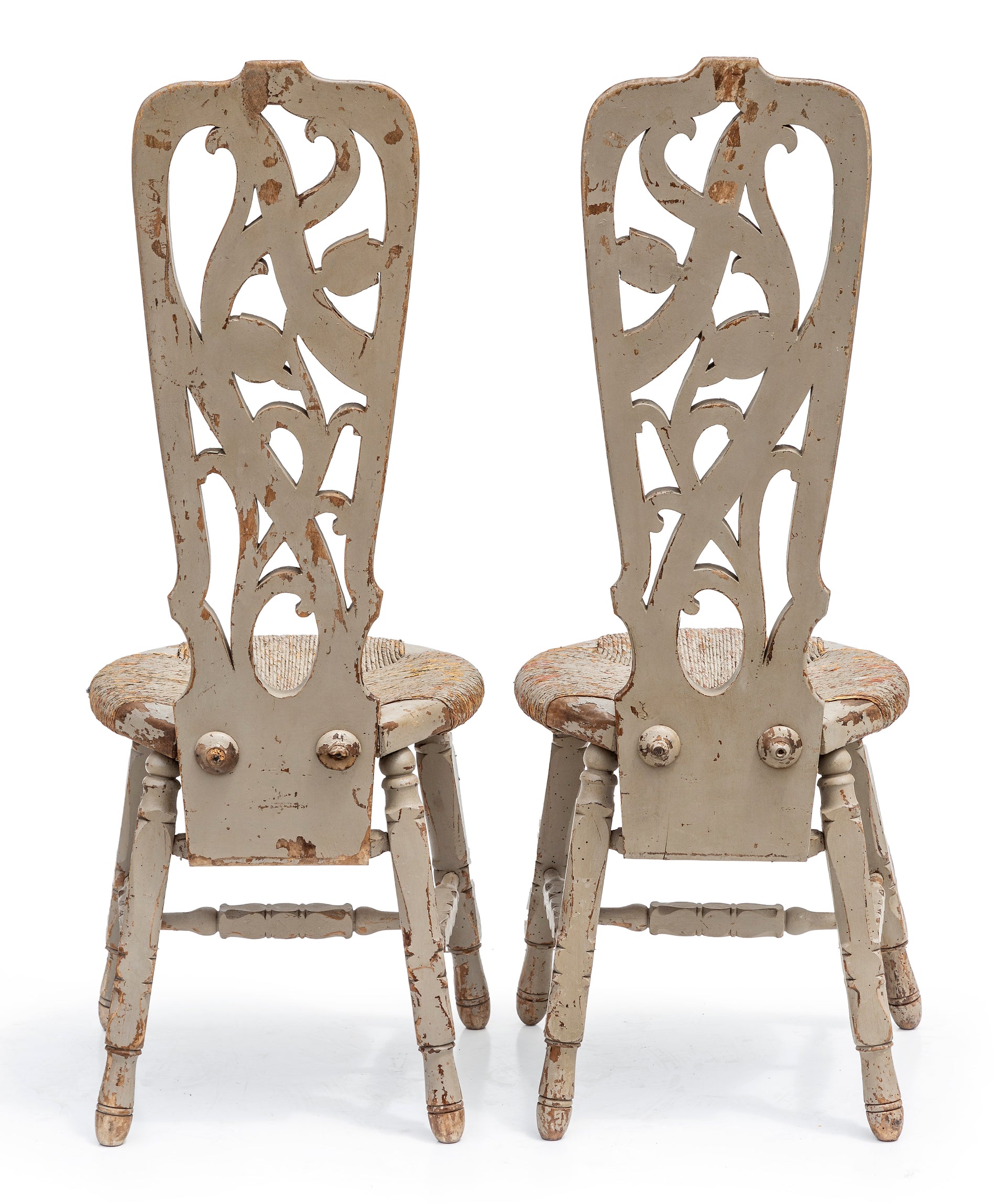 A decorative pair of pale grey painted Art Nouveau design chairs, French Circa 1905