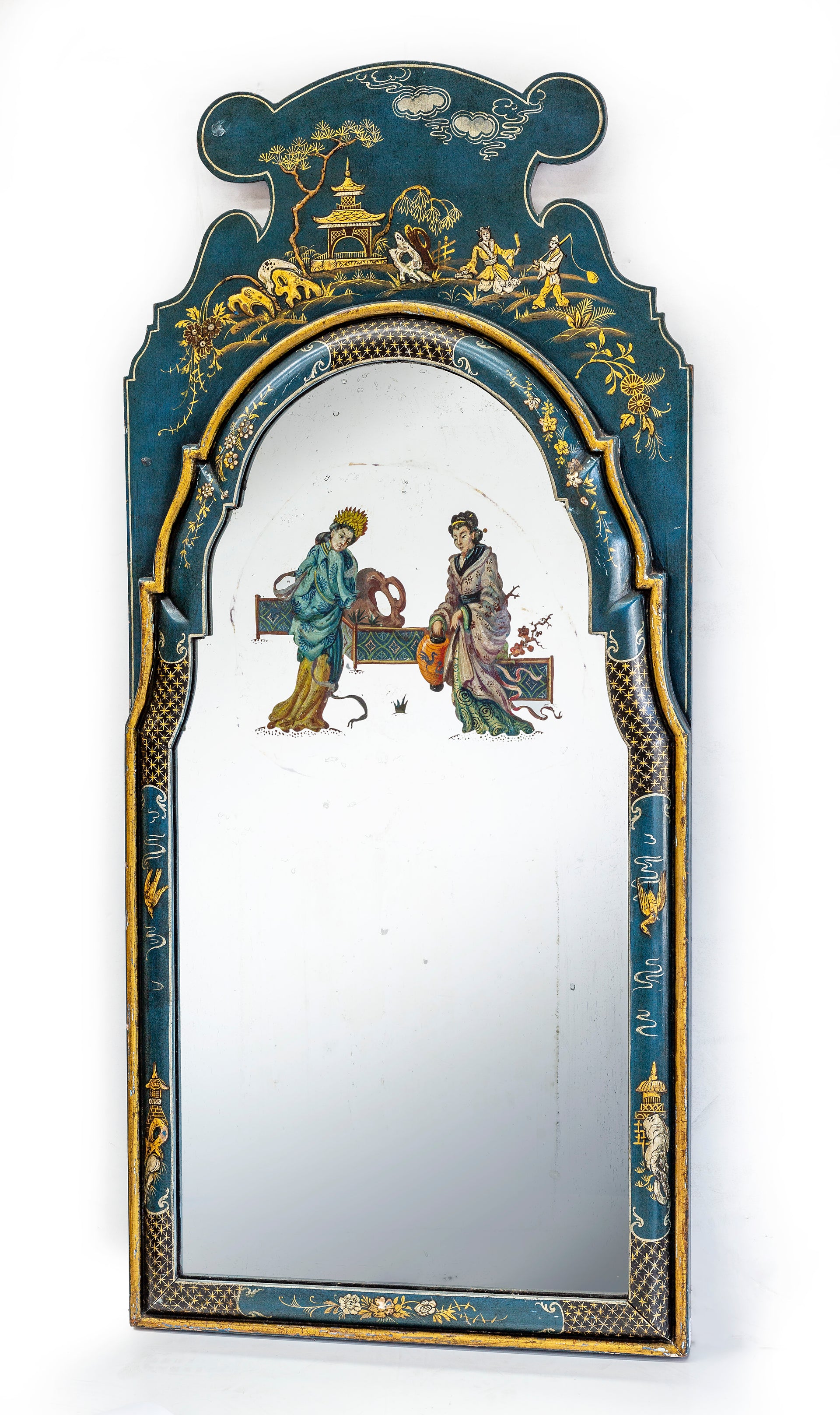 SOLD An exceptional verre-eglomise Chinoiserie teal lacquer wall mirror, English 19th Century