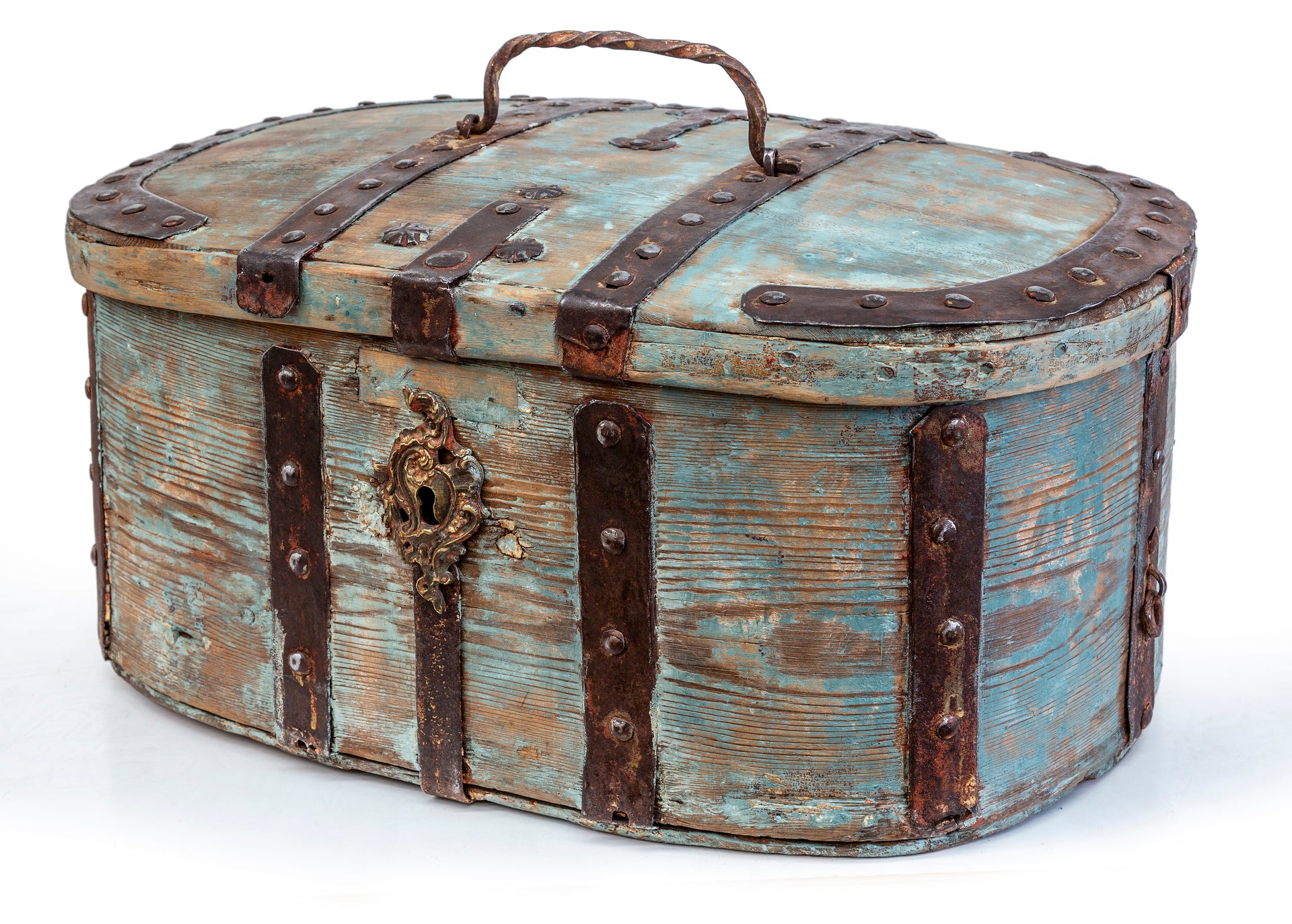 A beautiful and rare pale blue painted timber hand-travelling trunk Swedish, 18th Century