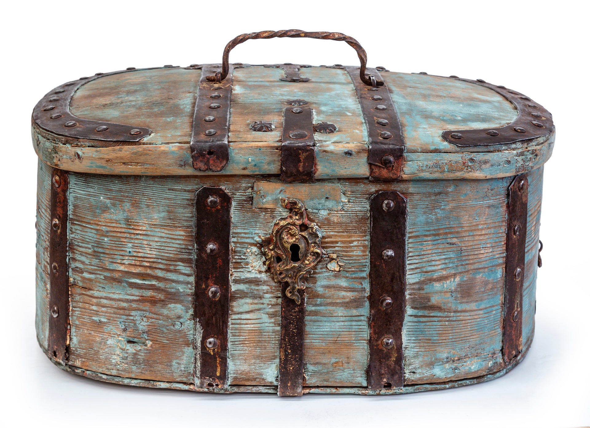 A beautiful and rare pale blue painted timber hand-travelling trunk Swedish, 18th Century