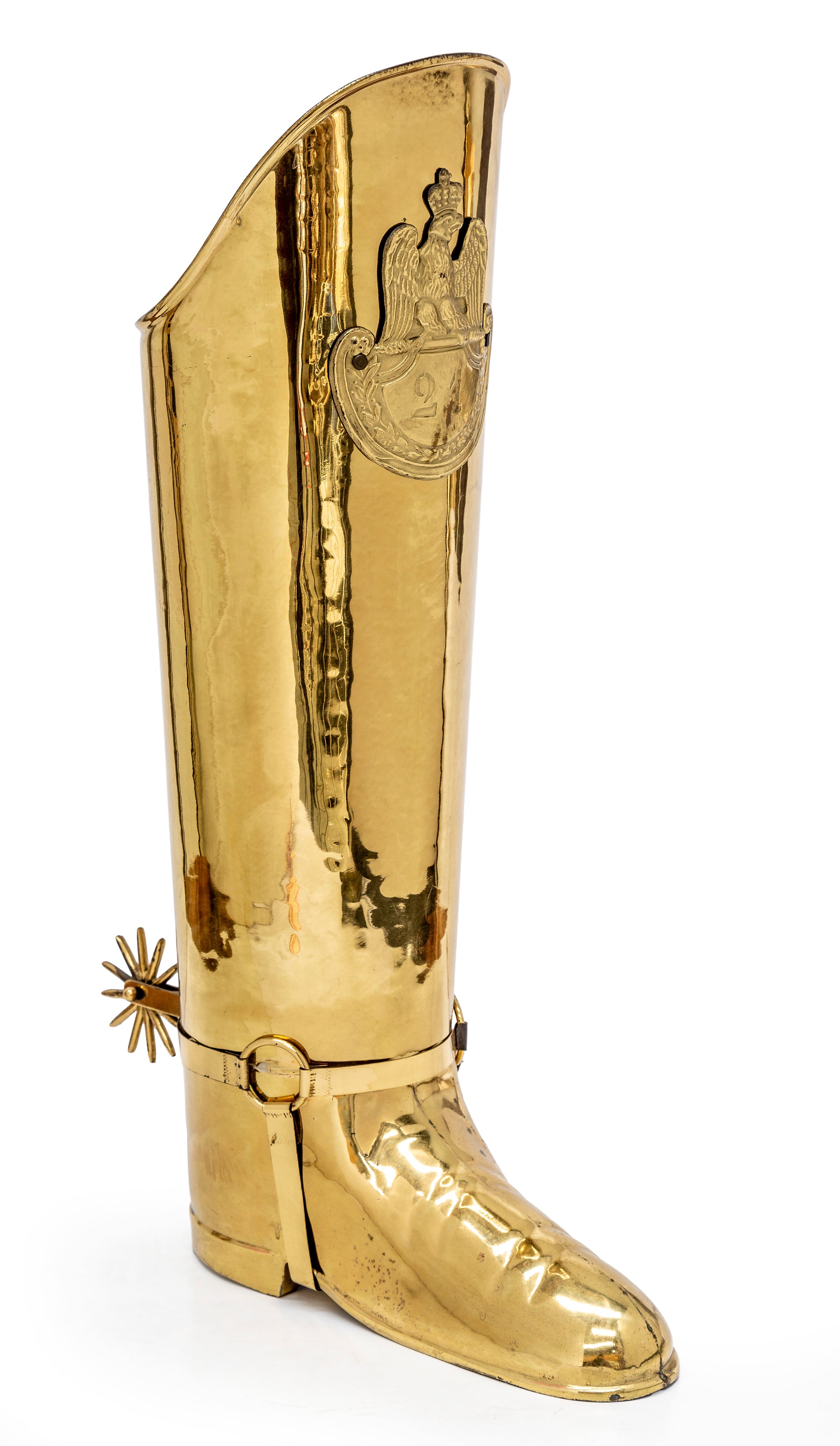 A large brass military boot umbrella stand, English Circa 1950