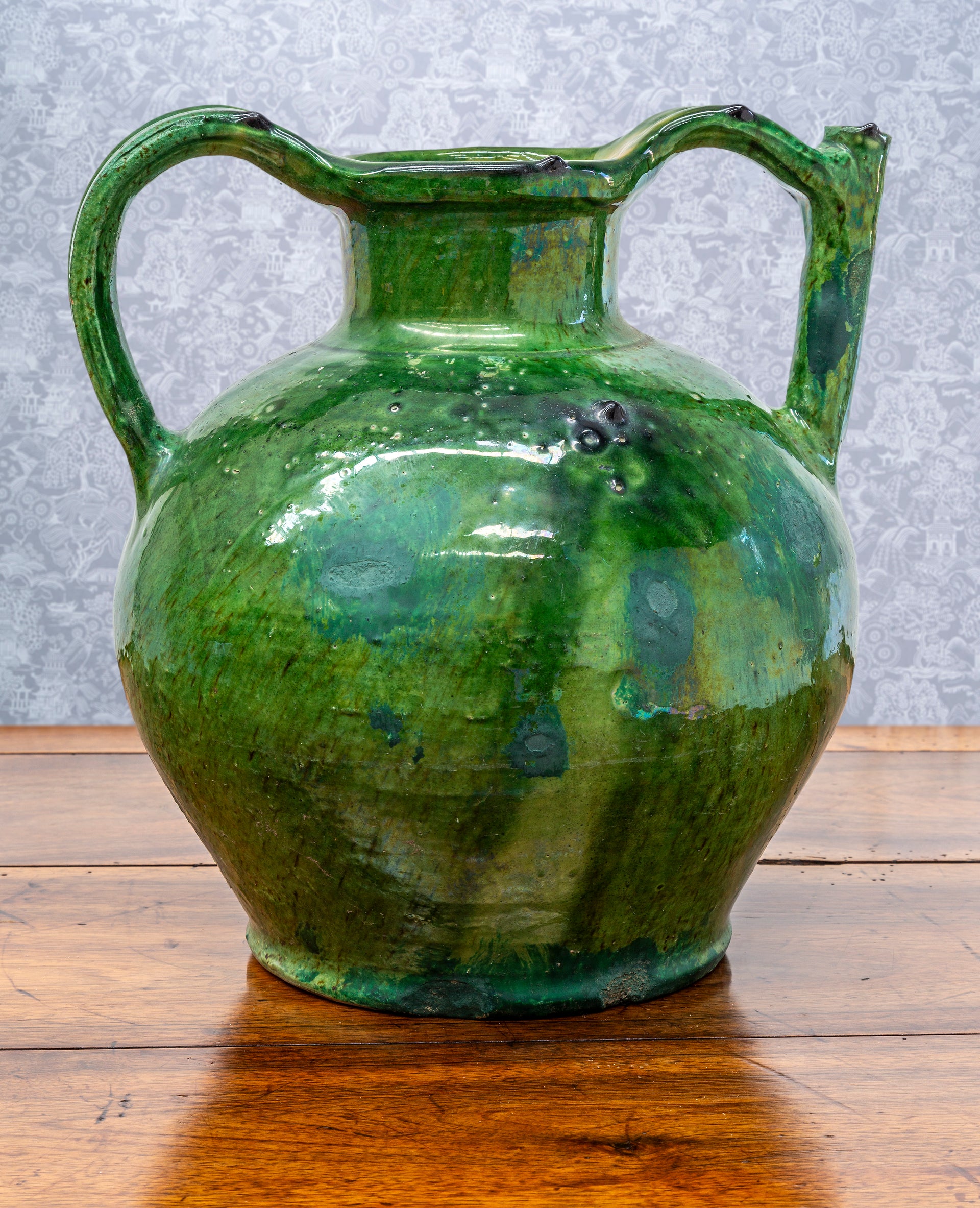 SOLD A beautiful jade green glazed terracotta twin handled oil ewer, French Provincial 19th Century