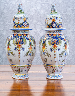 SOLD A pretty pair of fluted and handpainted Provincial faience lidded jars, French 19th Century