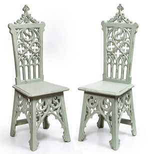 SOLD A pair of pale green painted and carved Gothic design side chairs, French 19th Century