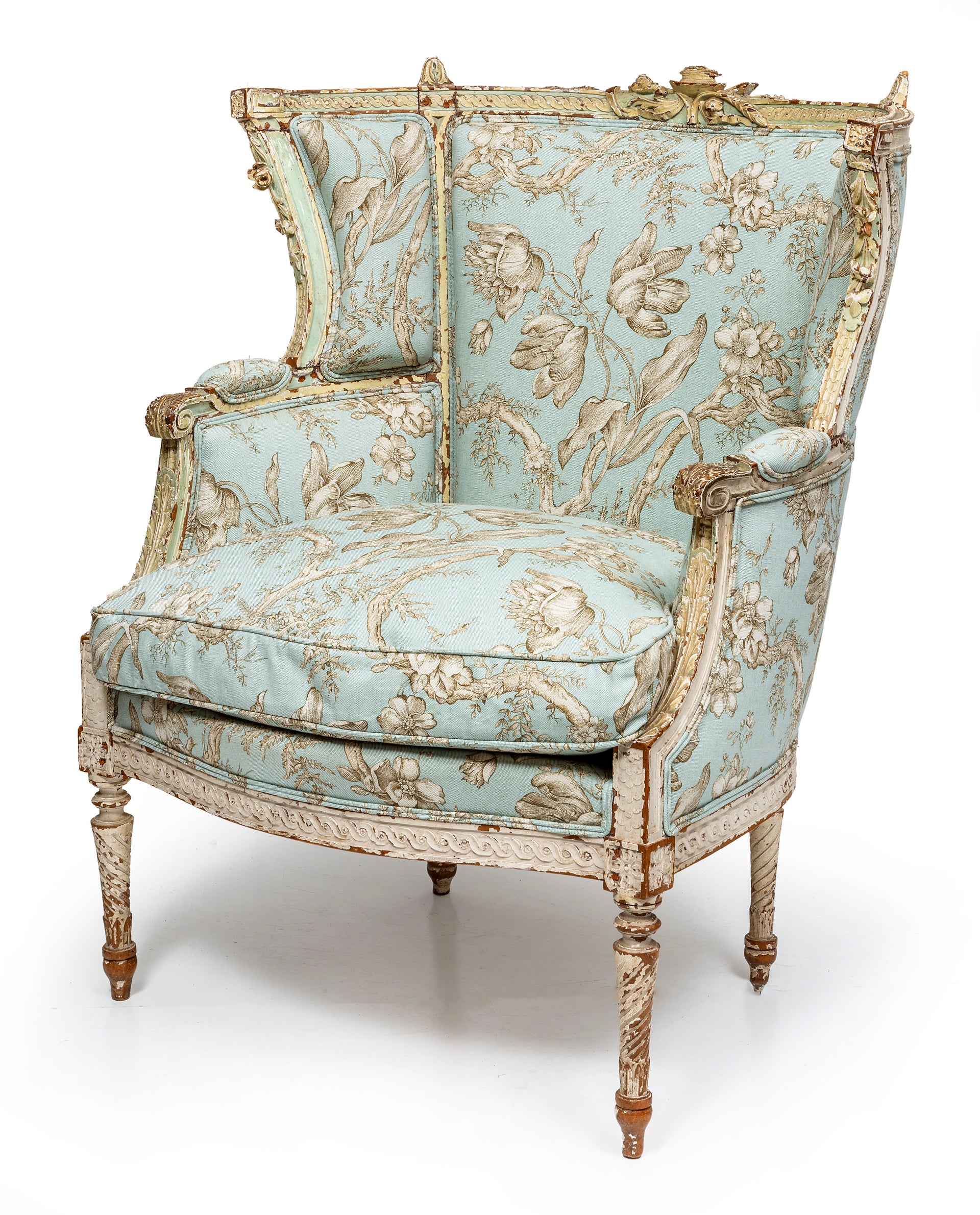 A finely carved and rare painted fauteuil, French 18th Century