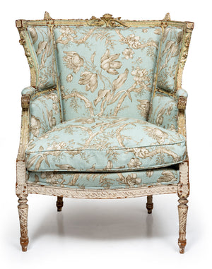 A finely carved and rare painted fauteuil, French 18th Century