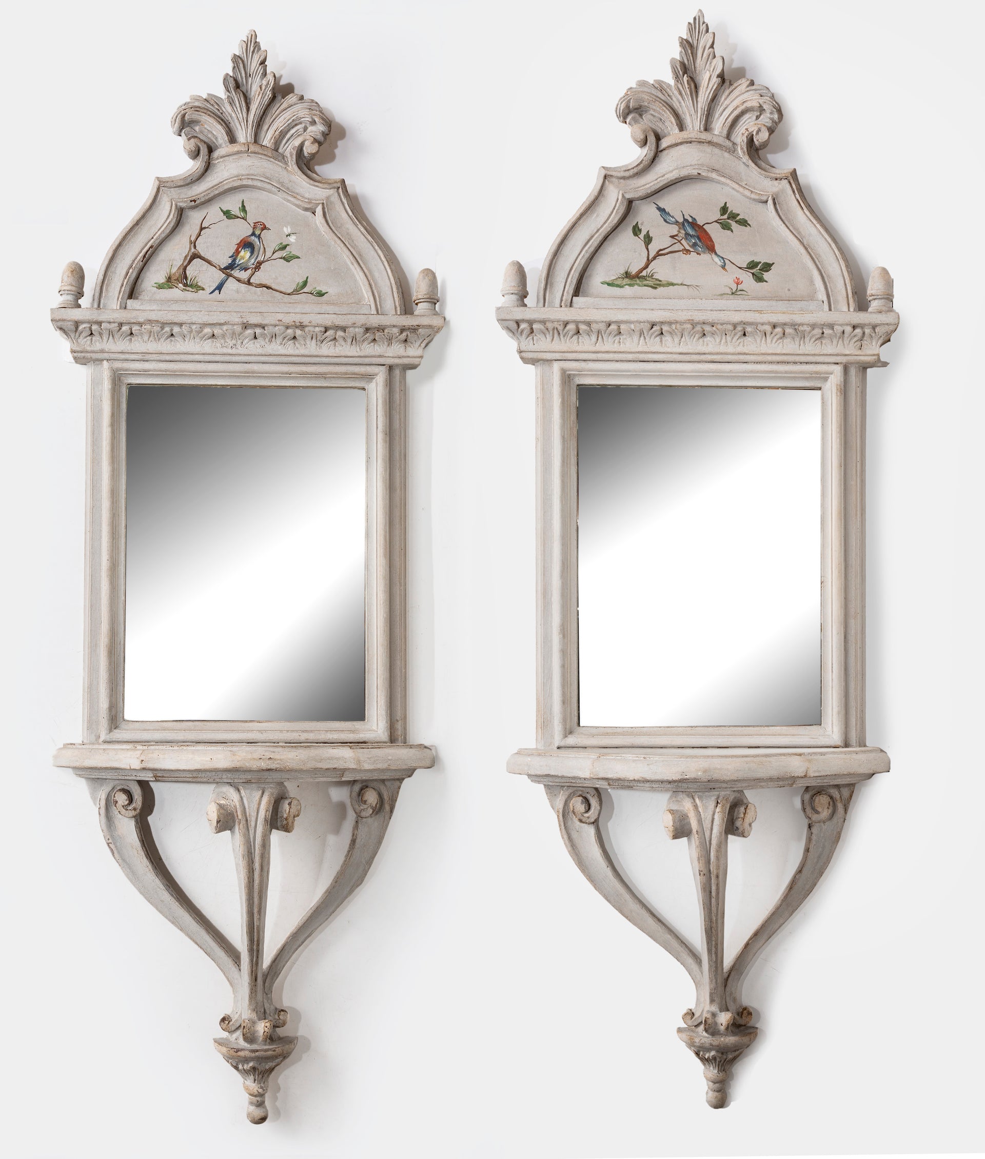 A beautiful pair of pale grey painted mirrored wall consoles, Italian Circa 1900