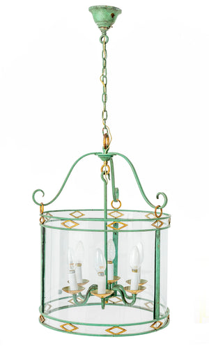 A stylish lacquered verdigris and brass circular glass lantern, French Circa 1940