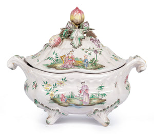 A large and beautiful faience Chinoiserie painted twin-handled tureen cover and stand, French Circa 1920