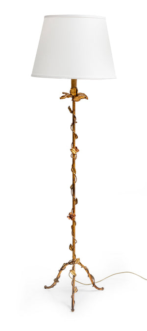 SOLD A stylish gilt metal floor lamp with entwined vine and flowers, French Circa 1940 with ivory linen shade