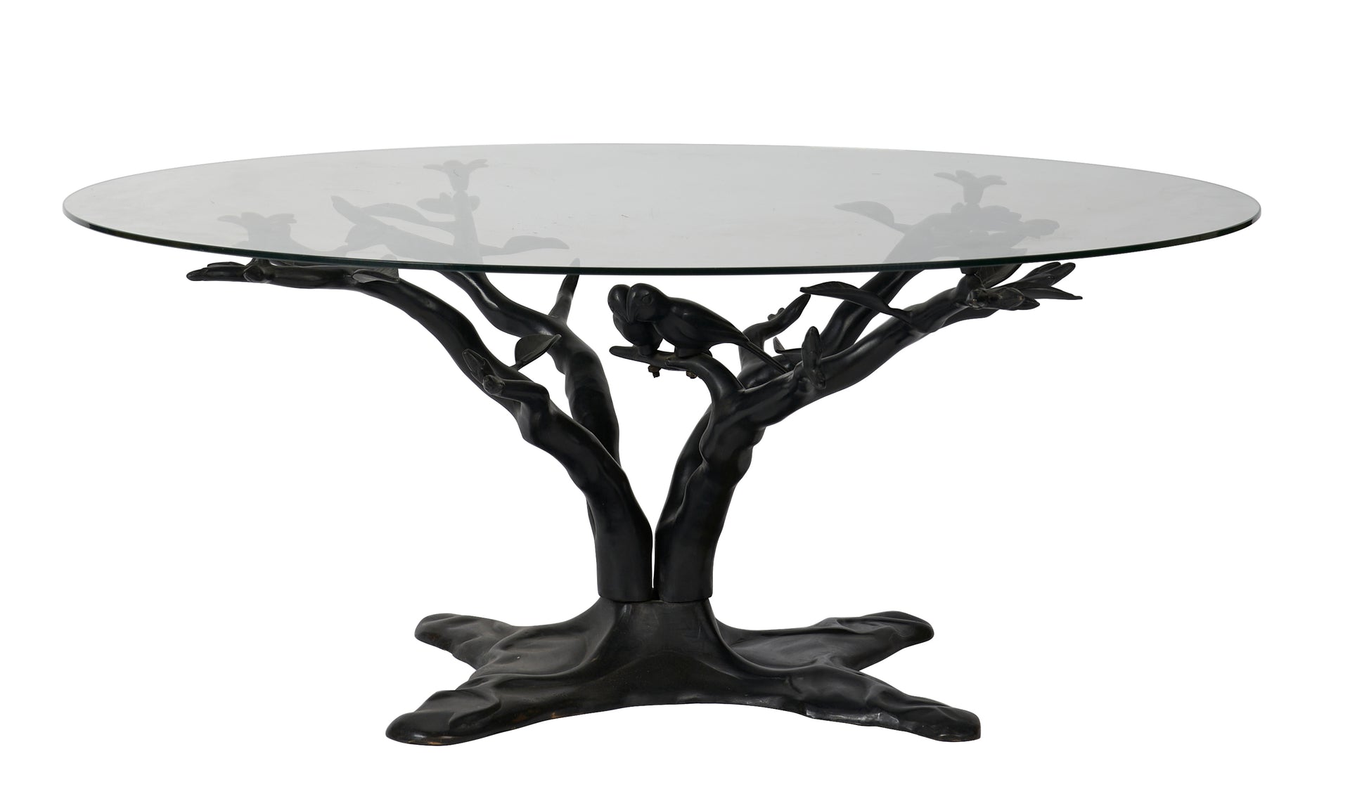 SOLD An unusual Bonsai design bronzed metal coffee table with a circular glass top, Italian Circa 1970