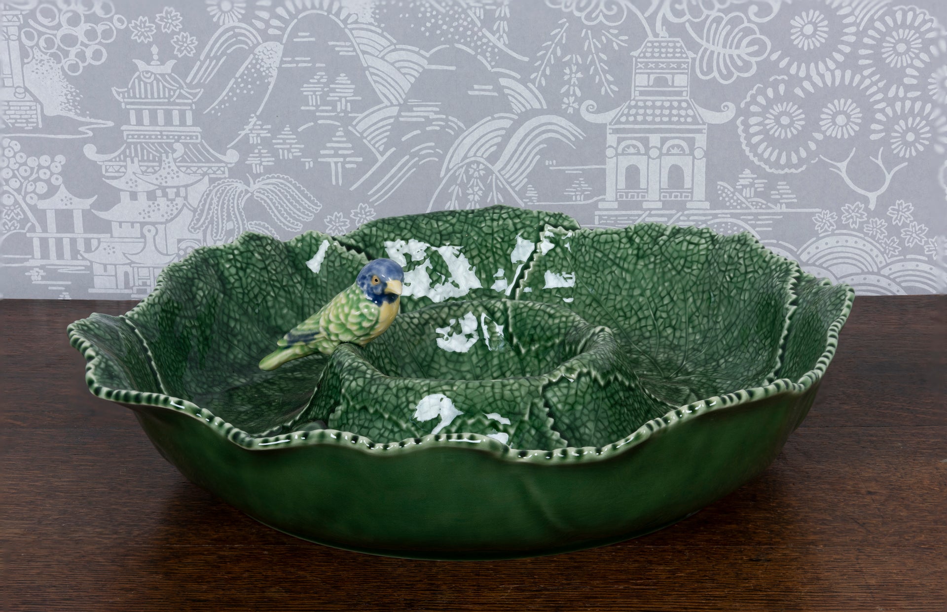 A large Cinneraria leaf and blue bird "chip and Dip" platter by Bordallo Pinheiro, Portugal