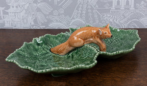 An earthenware double-leaf fox dish by Bordallo Pinheiro, Portugal