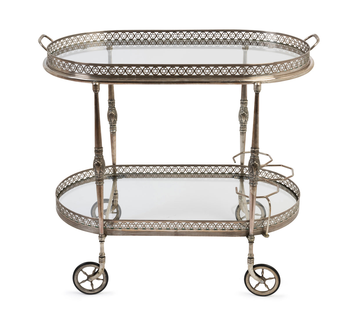 SOLD A fine quality silvered metal and glass two tier-oval drinks trolley,