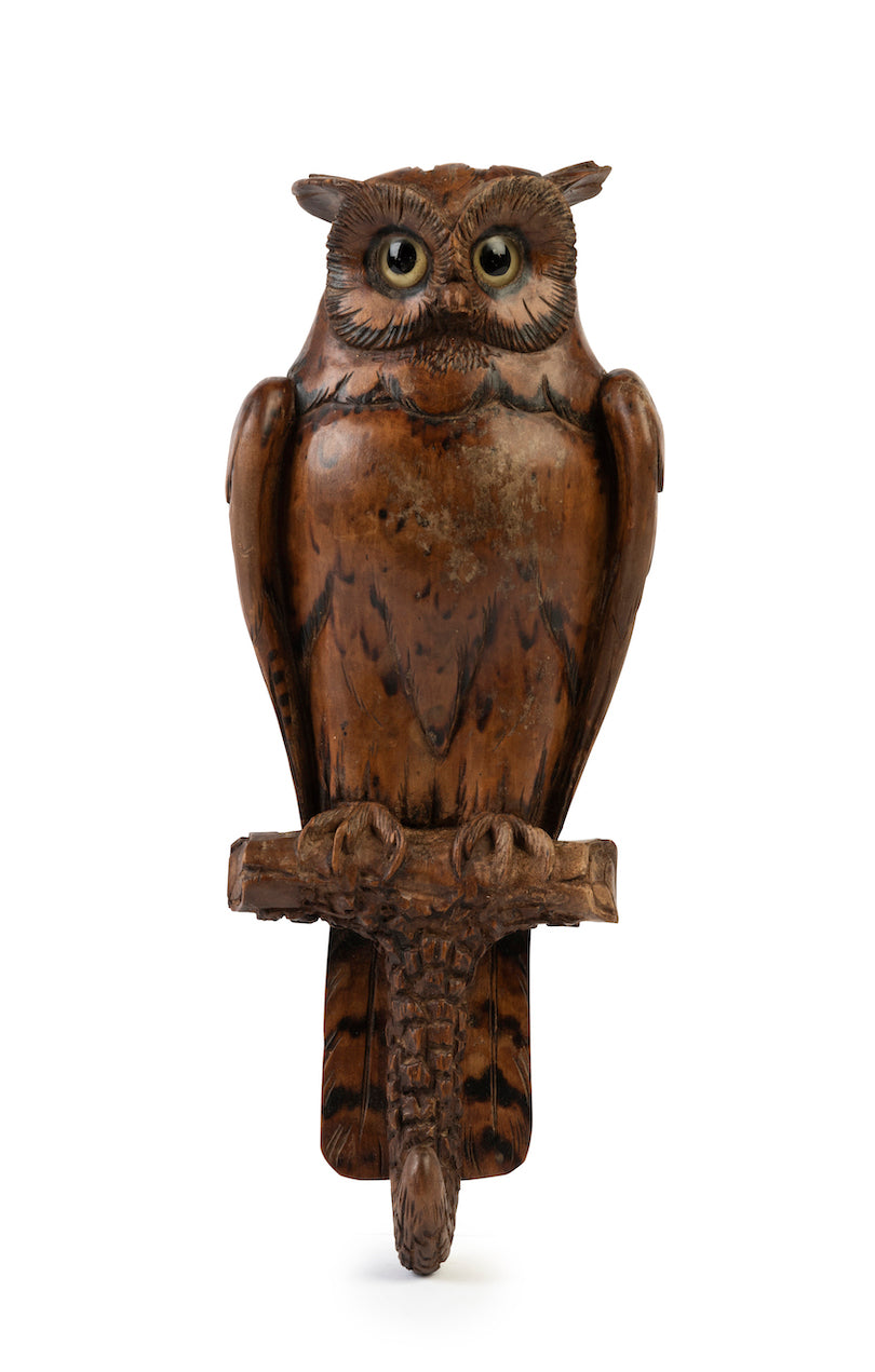 SOLD An endearing carved wooden coat hook in the form of a perched owl with glass eyes, French Circa 1880