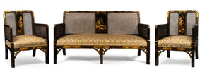 SOLD An exceptional black Chinoiserie lacquer and caned bergere three piece suite English Circa 1920