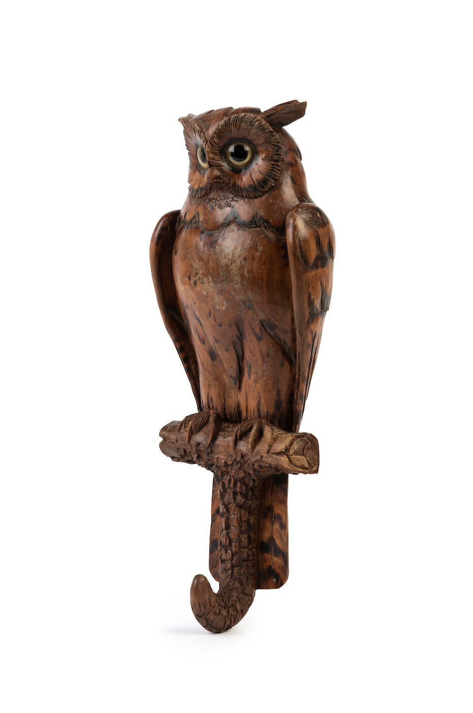 SOLD An endearing carved wooden coat hook in the form of a perched owl with glass eyes, French Circa 1880