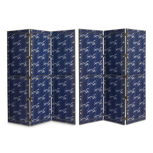 SOLD An impressive brass-studded blue and white Chinoiserie dragon design upholstered screen, French 20th Century